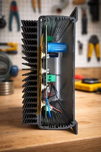Open Karagre motor controller showing electronics inside a rugged case